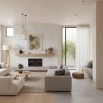 Describe tile color, texture, and pattern: White hexagon tiles with smooth, matte finish in a contemporary living room settin.