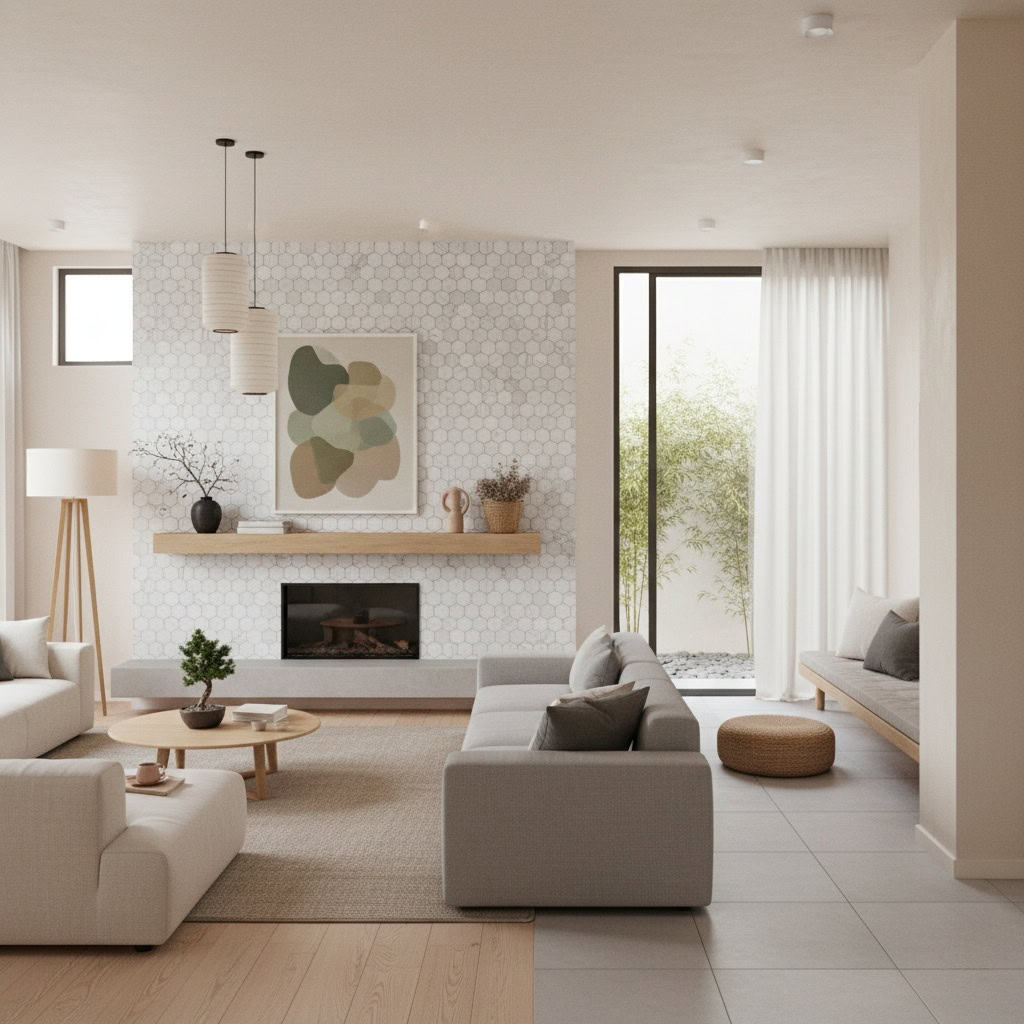 Describe tile color, texture, and pattern: White hexagon tiles with smooth, matte finish in a contemporary living room settin.