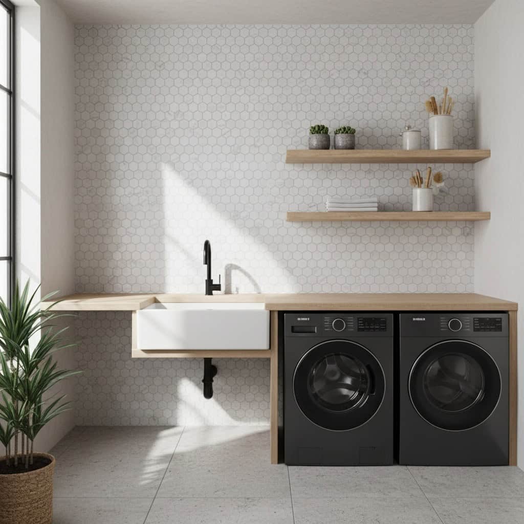 Bright laundry room with white hexagon tiles, black washer and dryer, wooden shelves, and a potted plant.