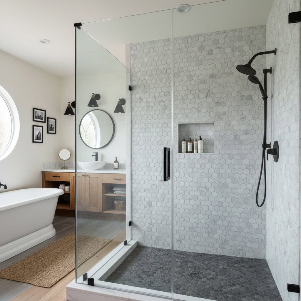 White hexagon ceramic tiles with matte finish in shower area.