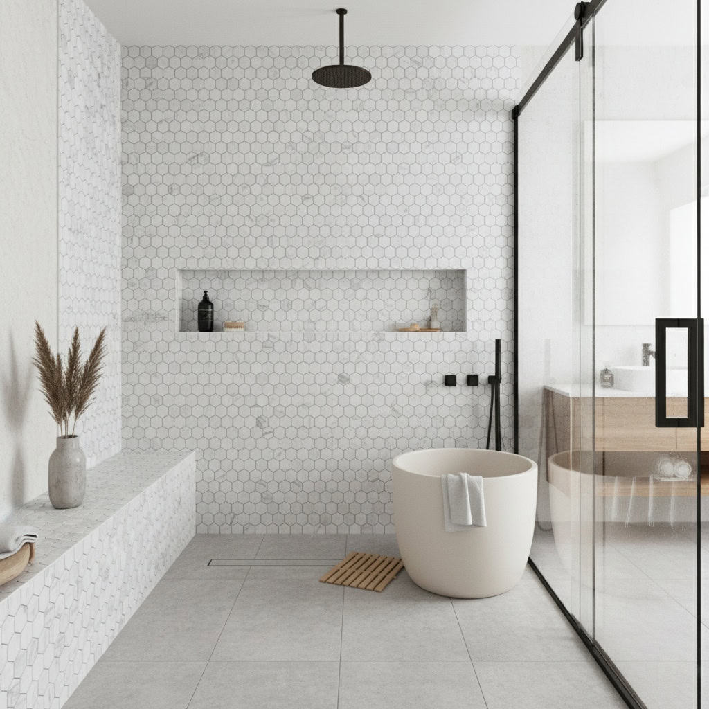 White hexagon tiles with matte finish, textured surface, and subtle grout lines.
