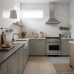 Bright, light gray ceramic tiles with subtle texture, complementing the soft pastel cabinetry and stainless steel appliances.