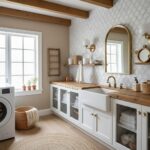 Bright bathroom featuring white tiles, wooden countertop, and gold fixtures. Natural light enhances the warm, inviting atmosp.