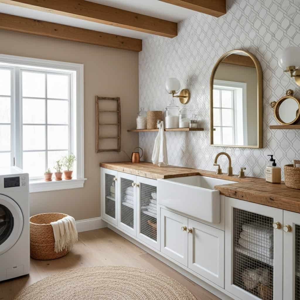 Bright bathroom featuring white tiles, wooden countertop, and gold fixtures. Natural light enhances the warm, inviting atmosp.