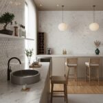Bright white geometric patterned tile backsplash in a contemporary kitchen setting.