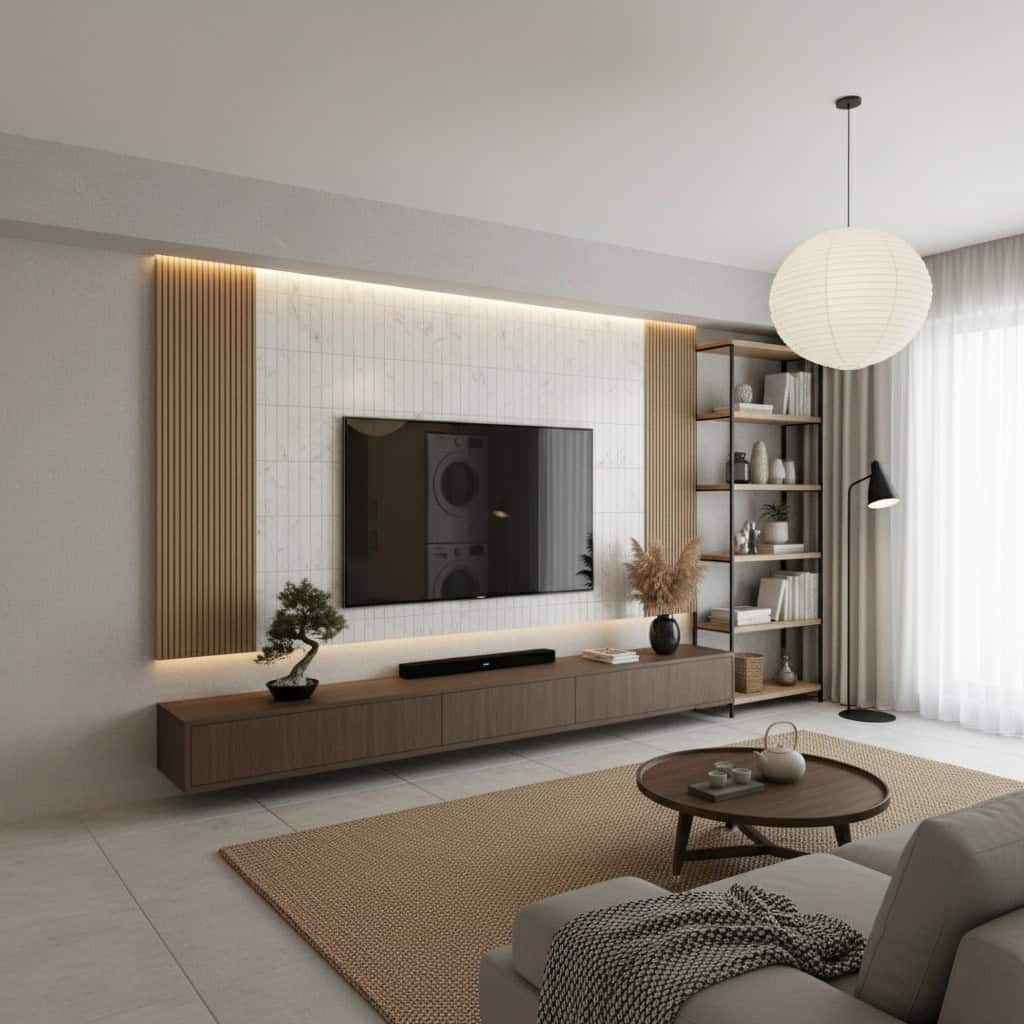 A sleek, minimalist living room featuring a textured white tile wall with wooden accents, a mounted flat-screen TV, and conte.