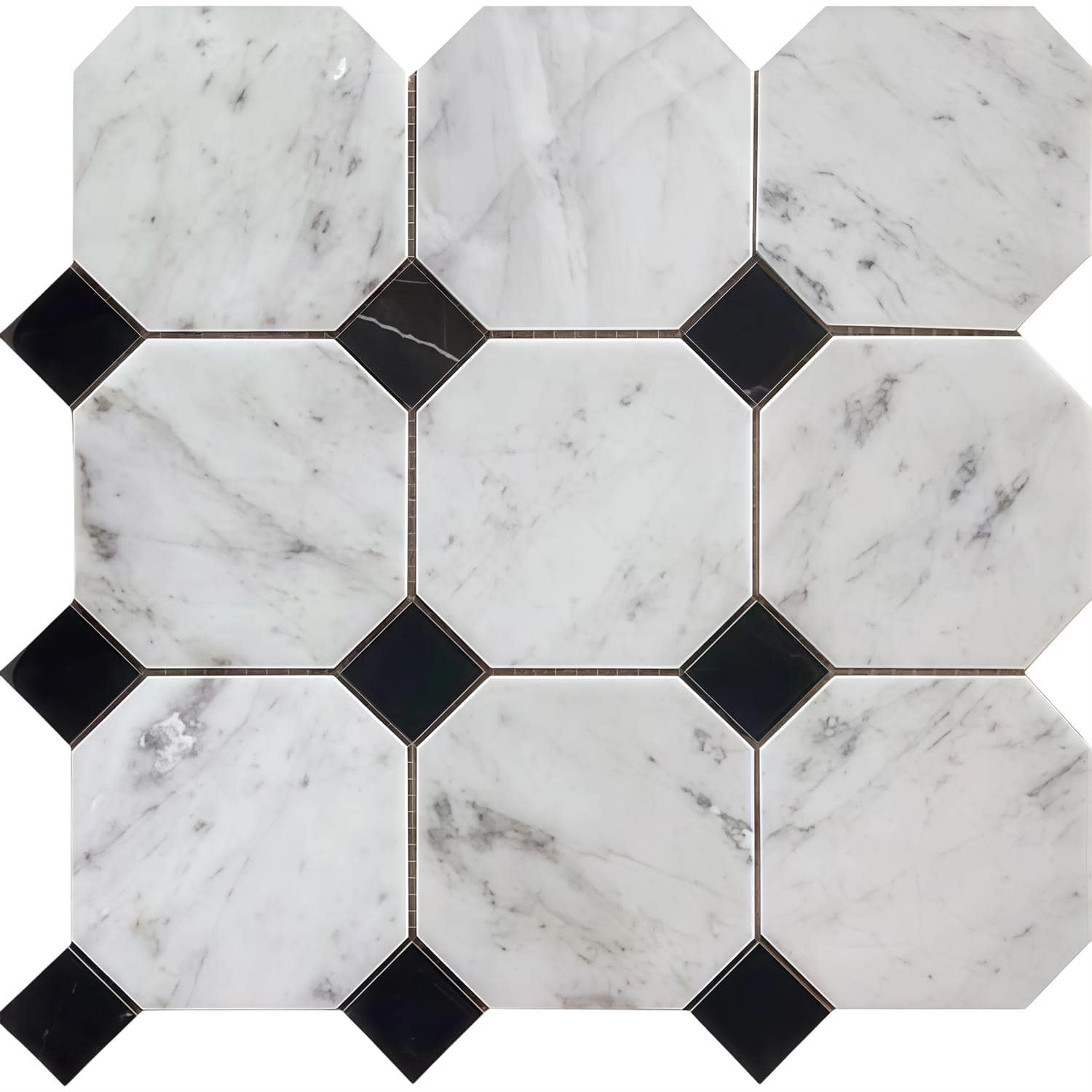 White marble hexagon tiles with black diamond accents, smooth texture, elegant and modern design.