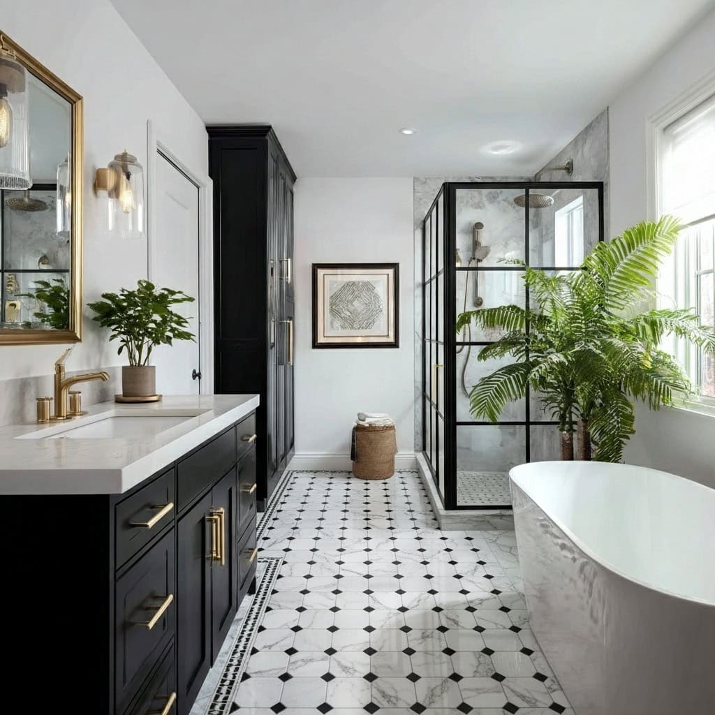 Elegant black and white patterned bathroom tiles with a sleek, modern look and textured surface.