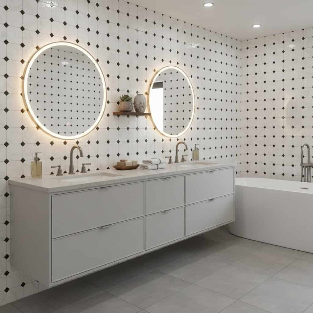 Bright bathroom with black and white patterned tiles, illuminated mirrors, and sleek white vanity.