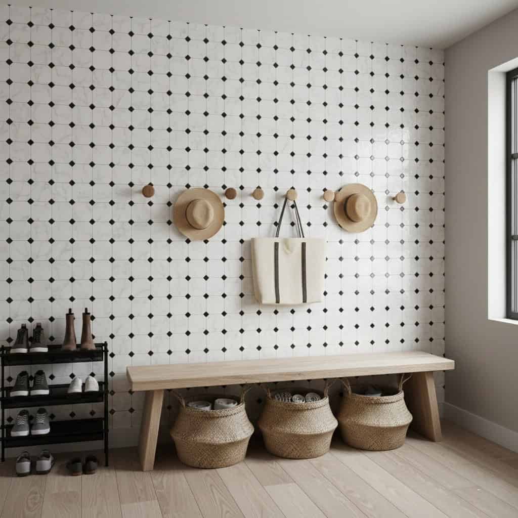 White ceramic tiles with black diamond accents, textured surface, modern design.