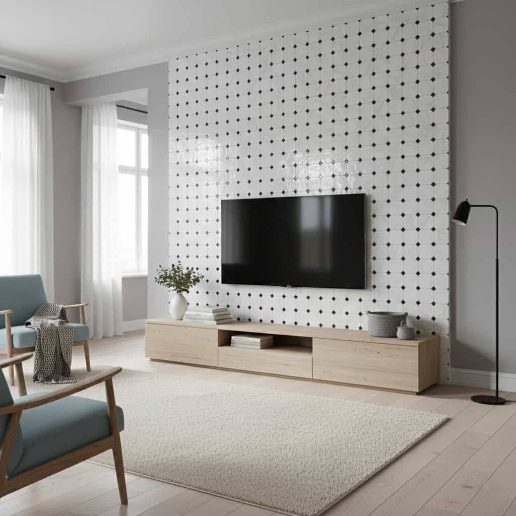 White and black dotted tile with smooth texture and glossy finish.