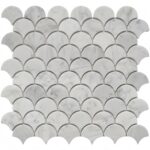 Elegant white marble fish scale tile with subtle gray veining, smooth texture, and glossy finish. Perfect for sophisticated b.