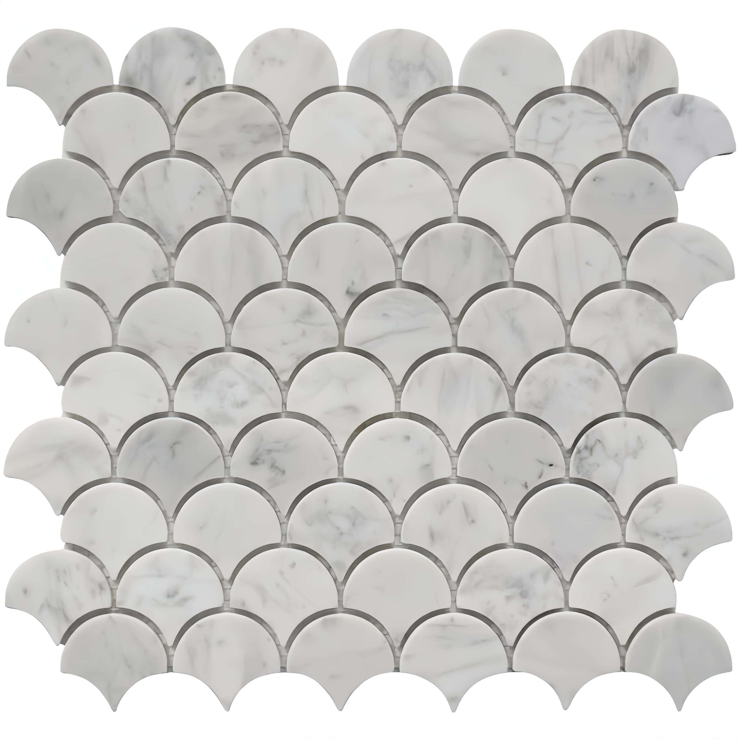 Elegant white marble fish scale tile with subtle gray veining, smooth texture, and glossy finish. Perfect for sophisticated b.