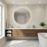 Bright bathroom with white textured tiles and wooden vanity.