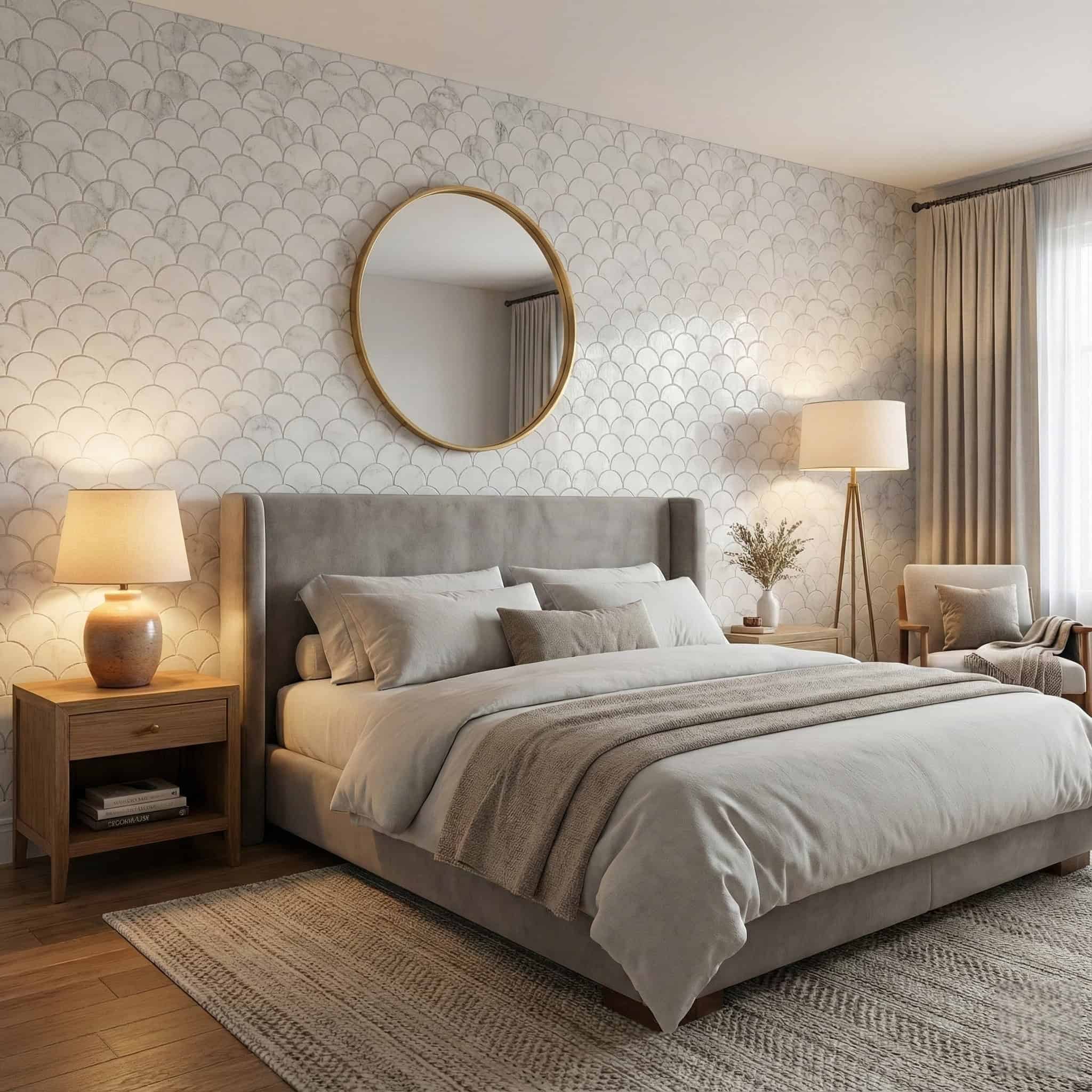 Soft beige and cream wall tiles with a subtle scallop pattern.