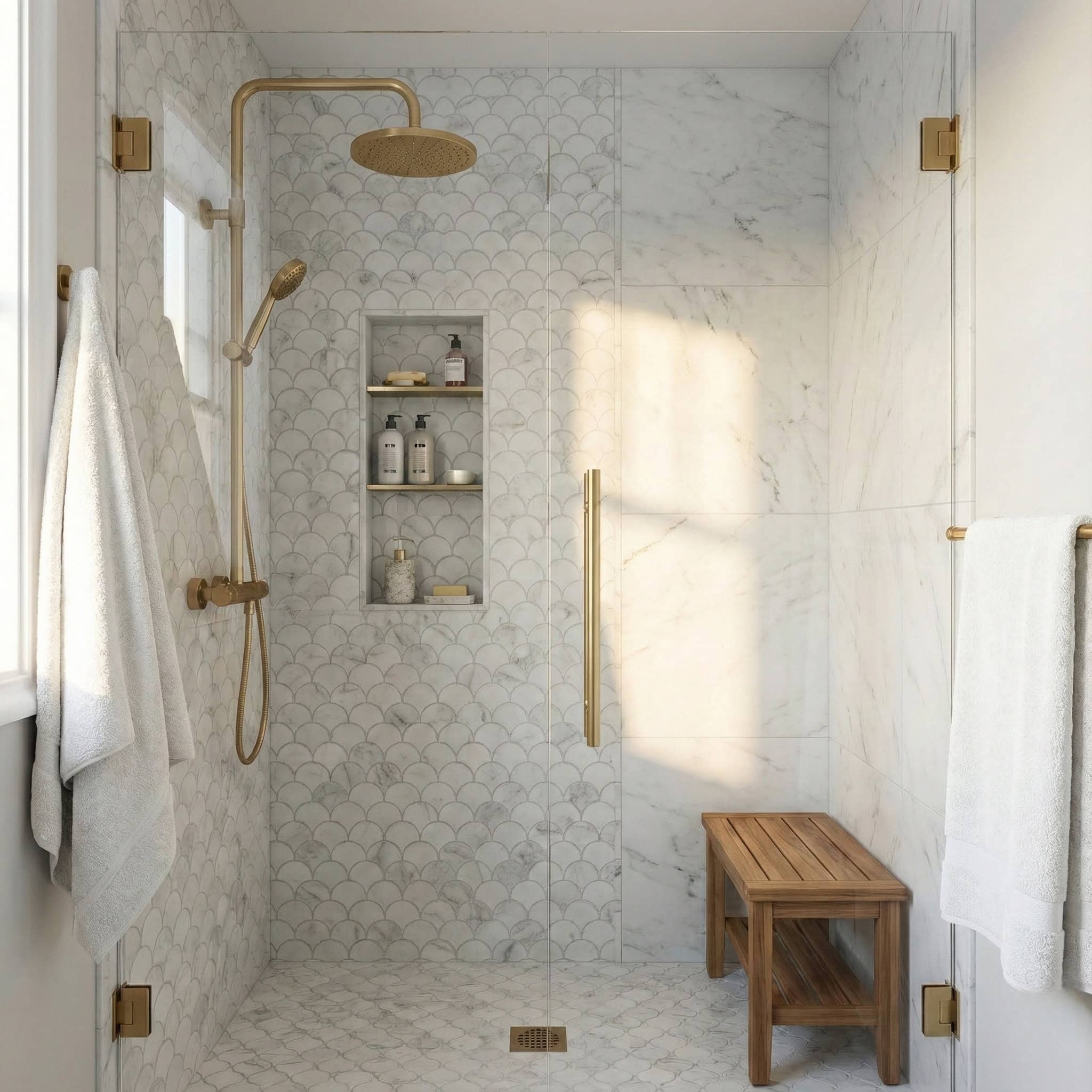 Elegant marble and patterned tiles with gold accents in a modern bathroom.