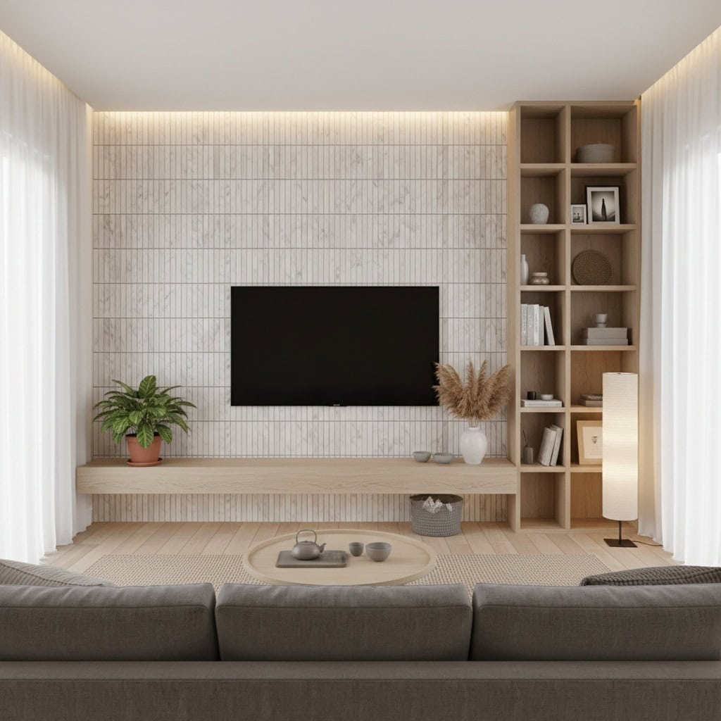 Beige wood-textured tile wall with built-in shelving and a flat-screen TV.