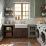 Bright kitchen featuring terracotta tile flooring, green cabinetry, and a white farmhouse sink under a large window.