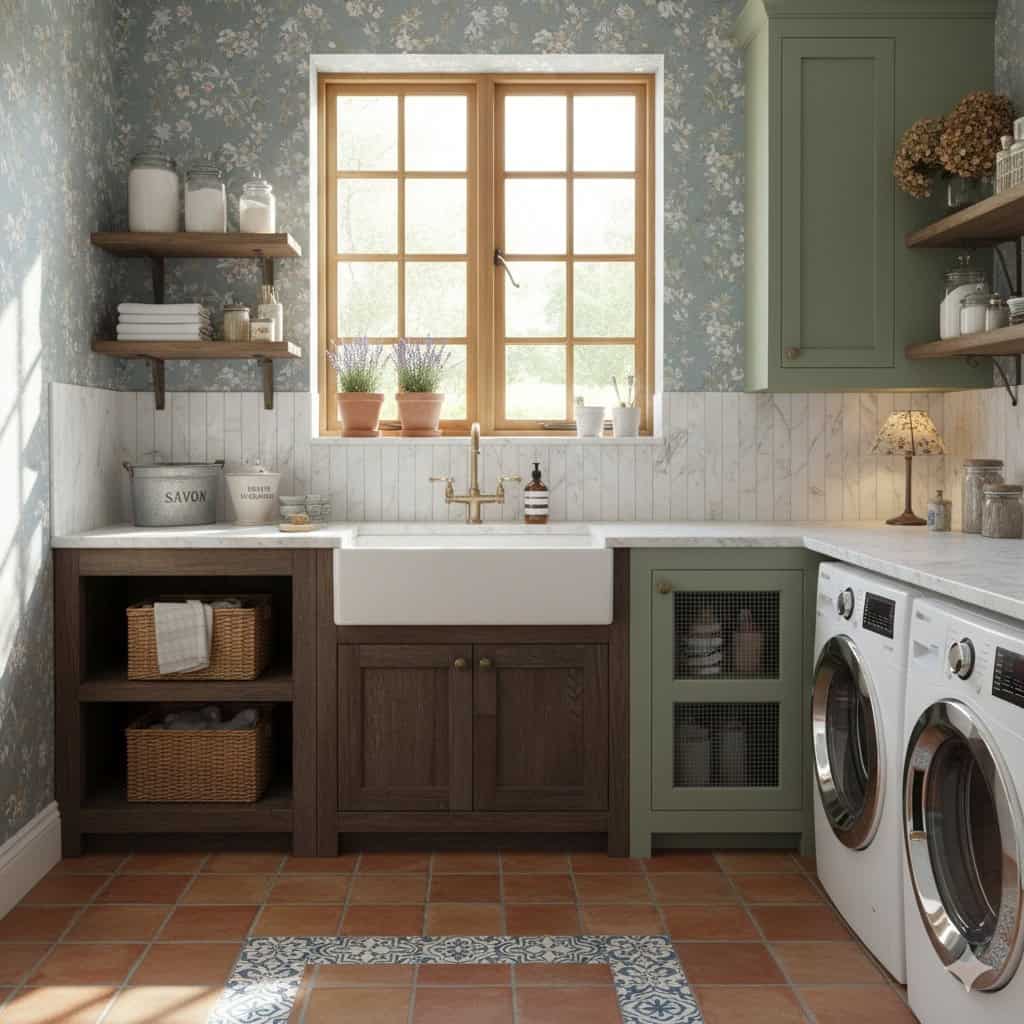 Bright kitchen featuring terracotta tile flooring, green cabinetry, and a white farmhouse sink under a large window.