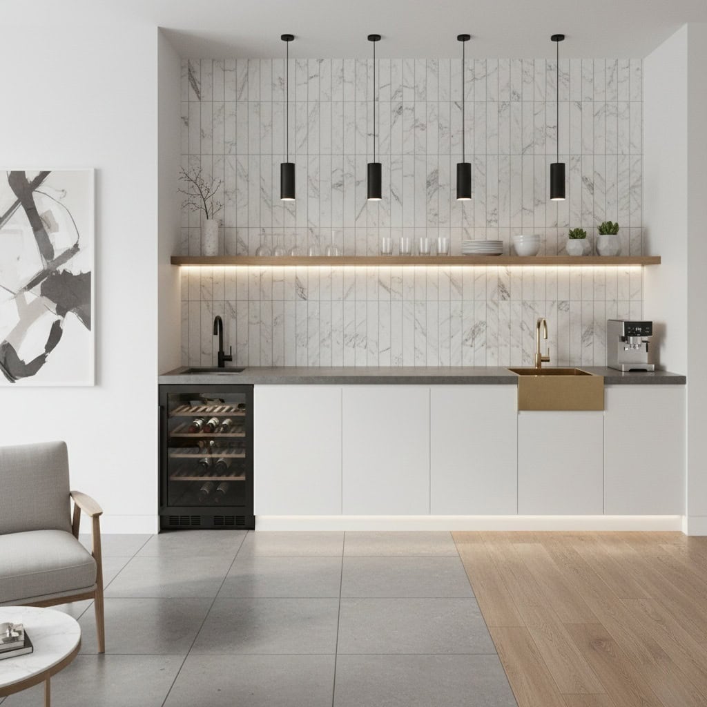 White marble tile with gray veining, smooth texture, used as a kitchen backsplash and countertop accent.