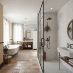 Bright bathroom featuring beige and terracotta ceramic tiles, a vintage-style bathtub, and a sleek glass-enclosed shower with.