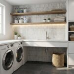 White vertical ceramic tiles with a textured surface for laundry room wall decor.