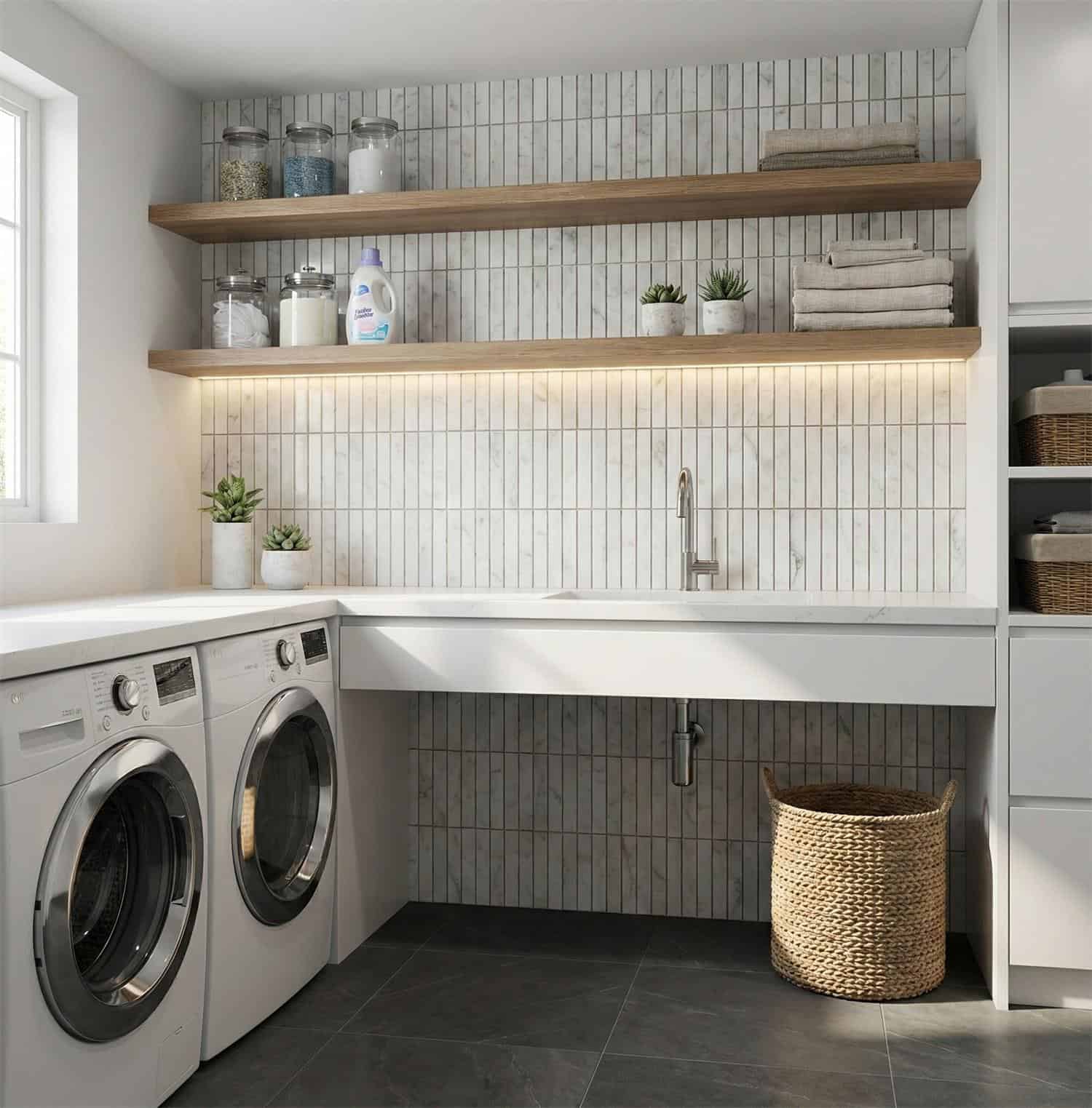 White vertical ceramic tiles with a textured surface for laundry room wall decor.