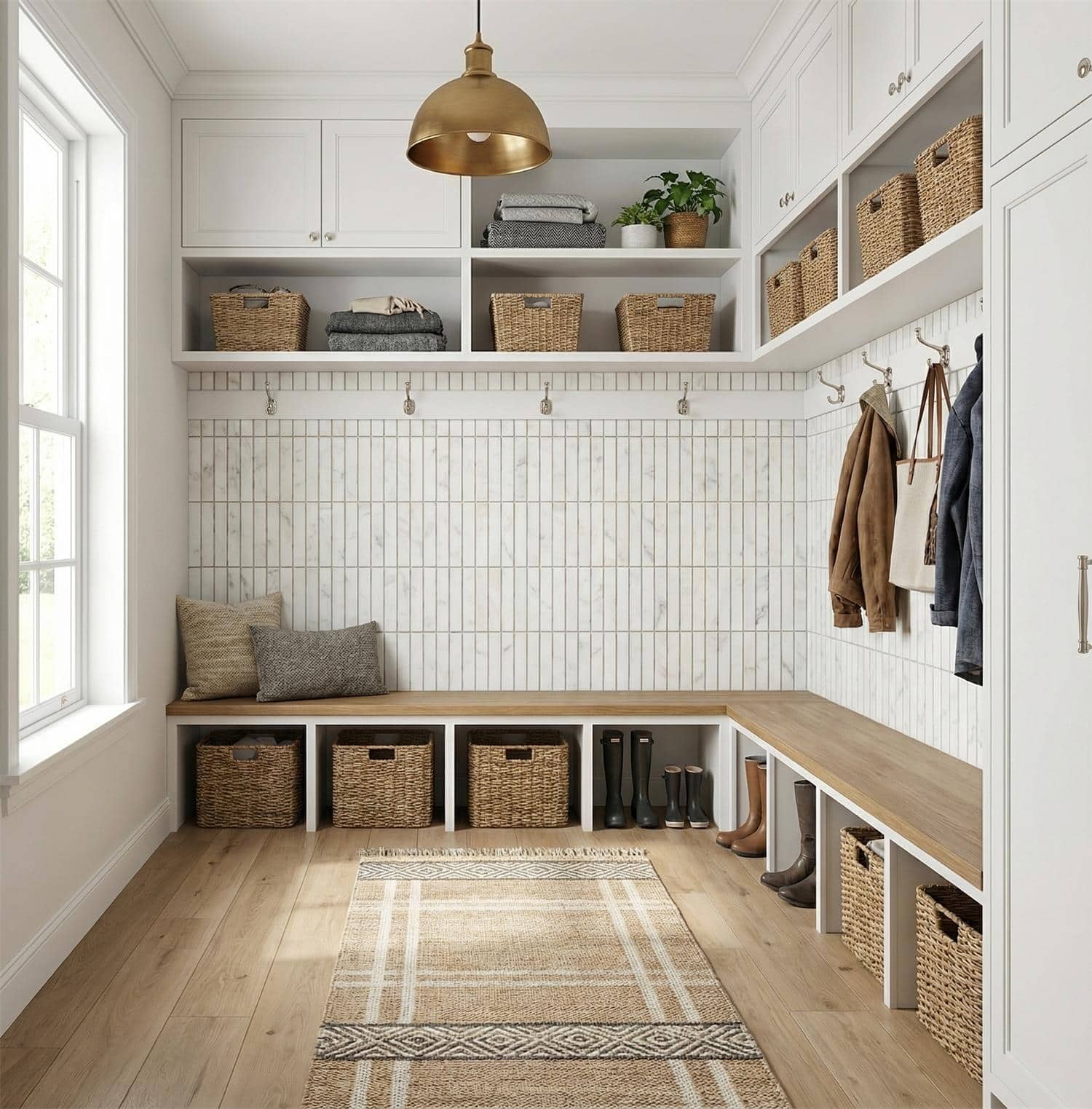 Bright white wall tiles with textured finish, natural wood bench, and woven wicker baskets.