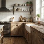 A cozy kitchen featuring natural wood cabinets and open shelves with ceramic dishes, bowls, and potted plants, illuminated by.