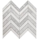 White marble chevron tile with subtle gray veining, smooth texture, and glossy finish. Perfect for modern and sophisticated i.