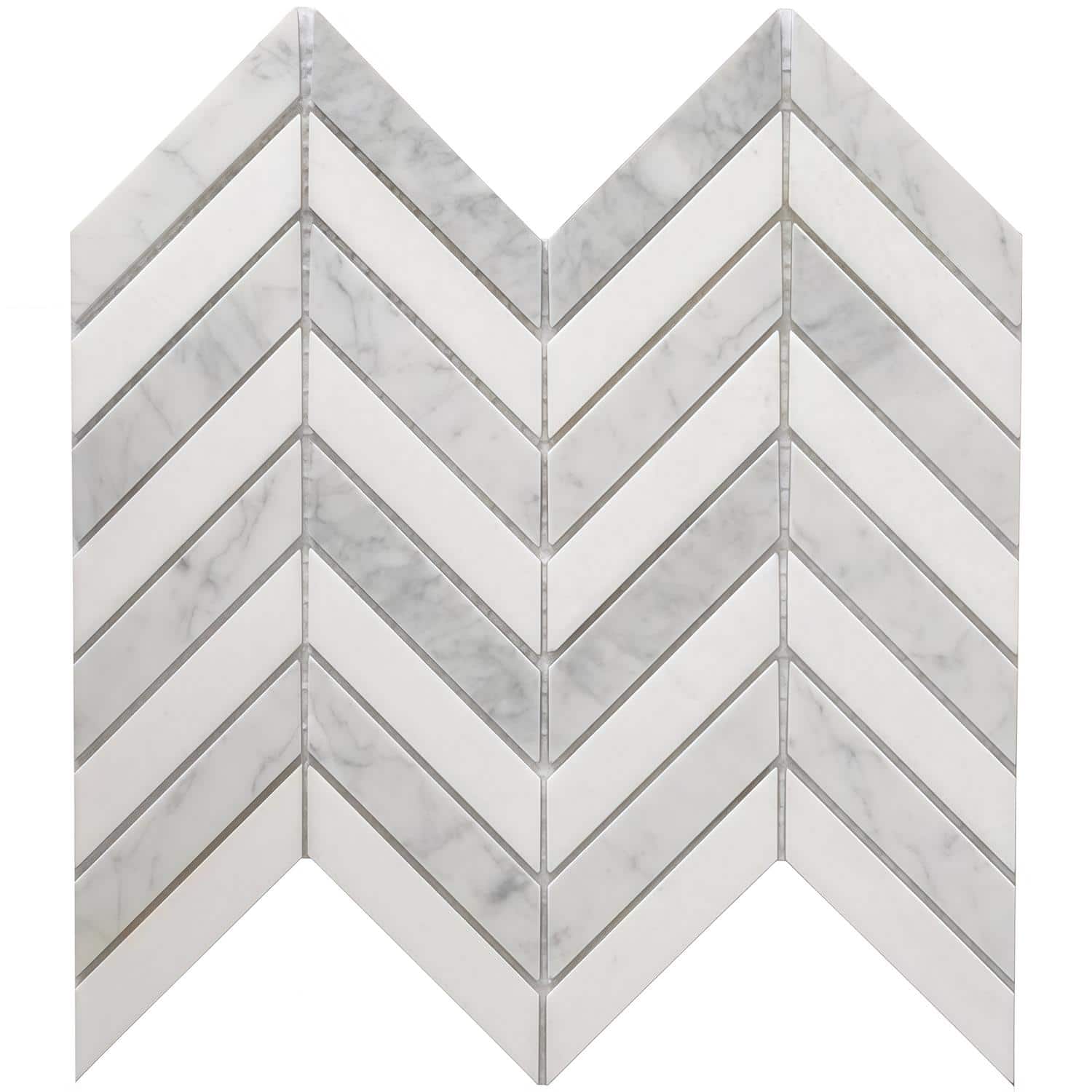 White marble chevron tile with subtle gray veining, smooth texture, and glossy finish. Perfect for modern and sophisticated i.