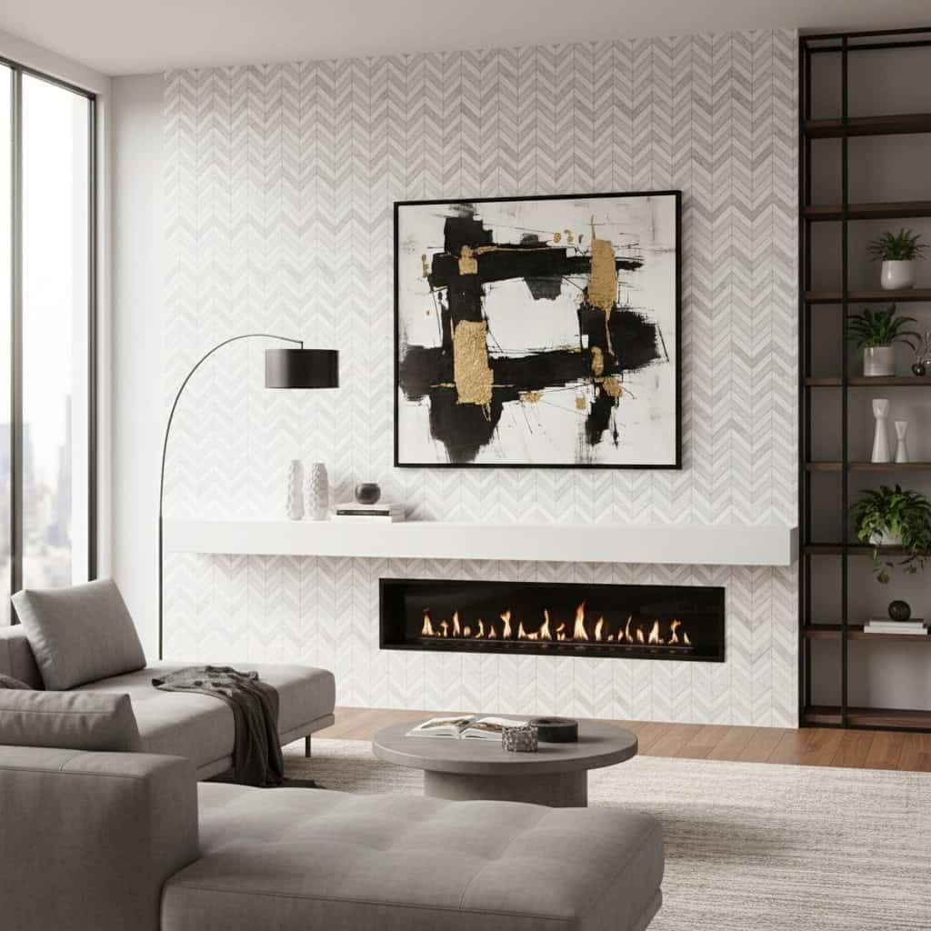 Elegant black and white geometric patterned tile with a smooth matte finish.