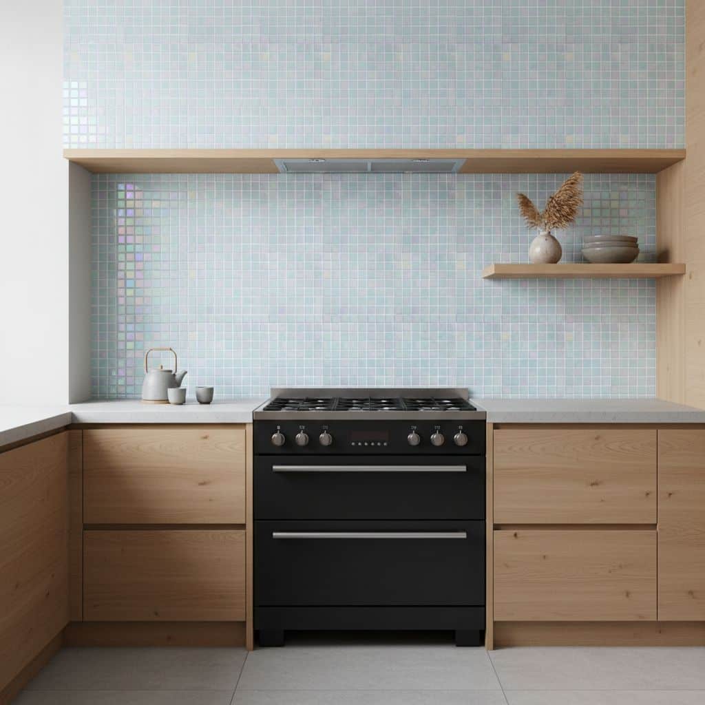 Modern kitchen with light-colored glass mosaic tile backsplash and wooden cabinets, featuring a black stove and decorative sh.