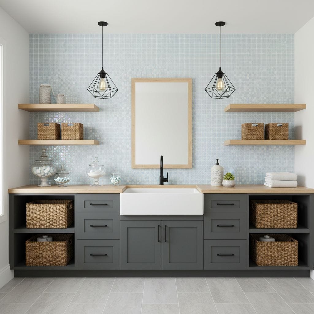 Bathroom with glass mosaic tile backsplash, black faucet, and open shelving.