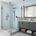 Glass tile backsplash in a contemporary bathroom with walk-in shower and wooden accents.