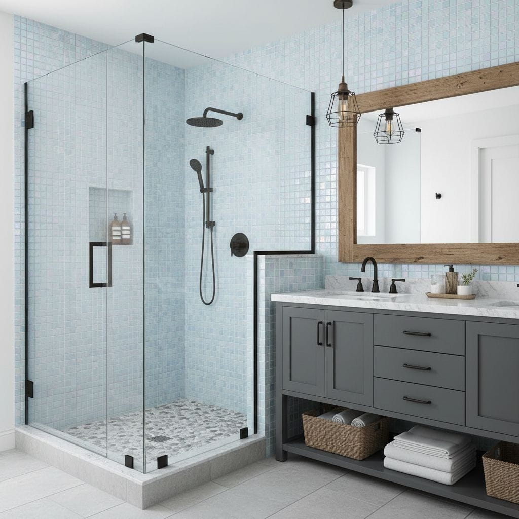 Glass tile backsplash in a contemporary bathroom with walk-in shower and wooden accents.
