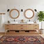 Modern bathroom vanity with peel and stick wall tiles, round mirrors, and natural wood accents.