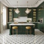 Bright green cabinetry with gold trim, white marble countertops, and a patterned tile floor. Features two chandeliers, a cent.