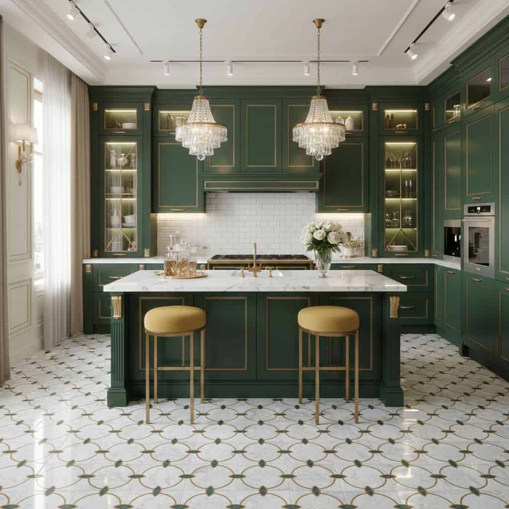 Bright green cabinetry with gold trim, white marble countertops, and a patterned tile floor. Features two chandeliers, a cent.