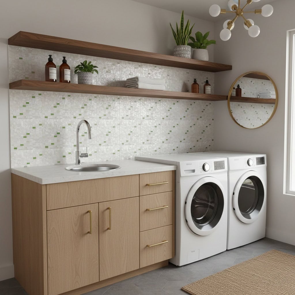 Bright laundry room featuring a stylish shell tile backsplash behind the sink and washer, complemented by wooden shelves and.