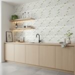Modern kitchen with mother of pearl shell tile backsplash and minimalist decor.