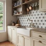 Rustic white farmhouse sink with brass faucet and open wooden shelves.