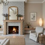 Fireplace with patterned tile, beige walls, and cozy decor.