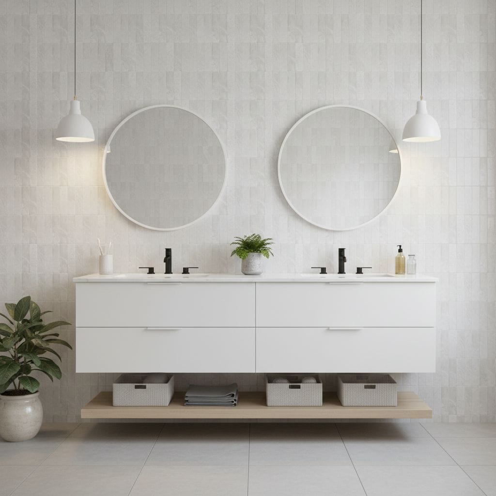 White textured tile wall with two round mirrors, modern double sink vanity, and decorative accessories.