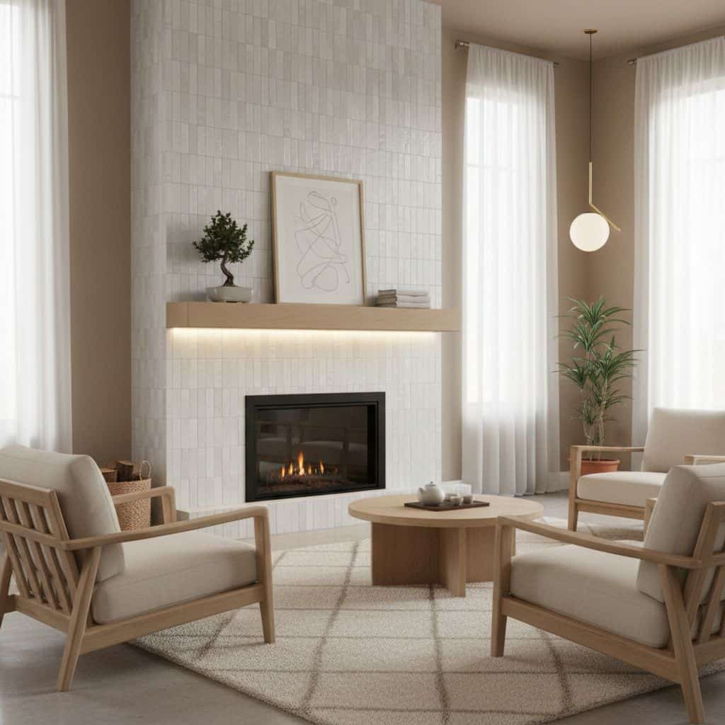White textured tile with a matte finish around the fireplace.