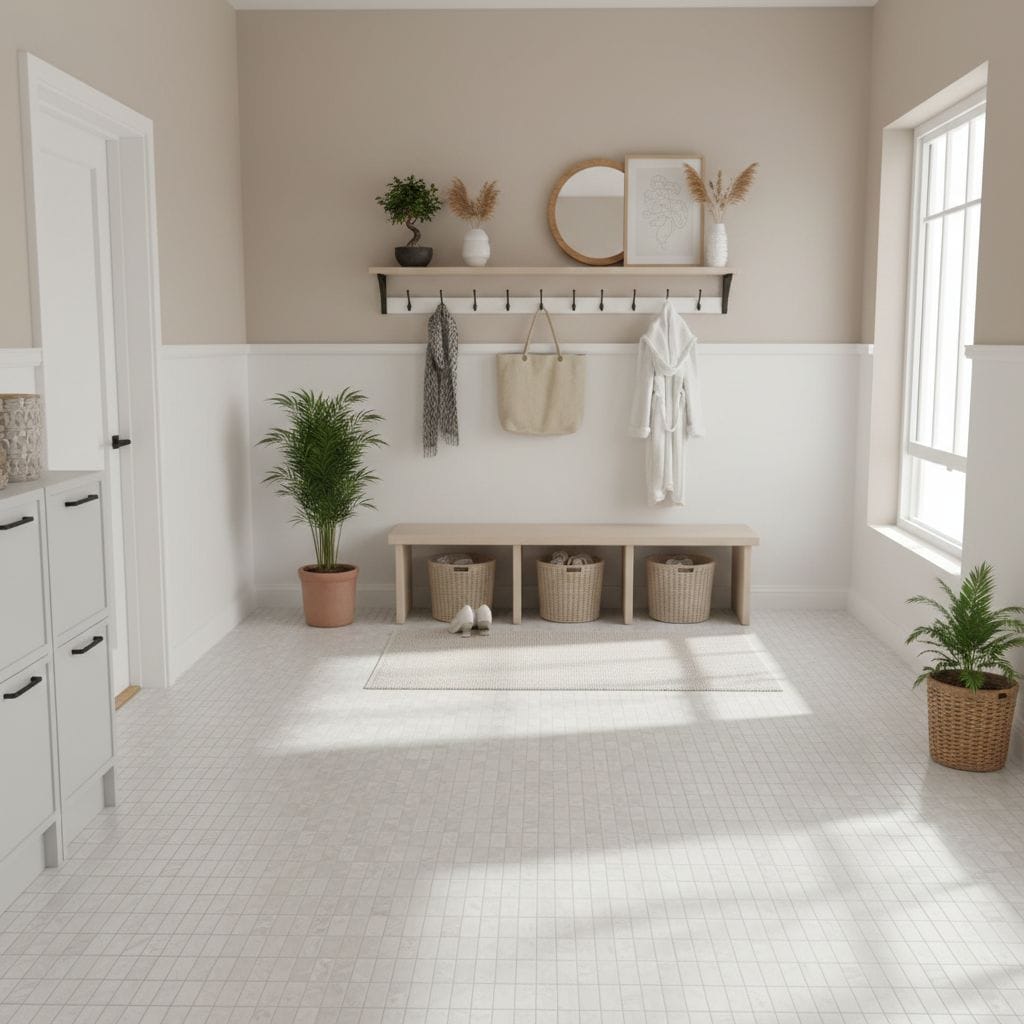 White ceramic tiles with a smooth, matte finish, creating a clean and bright look.