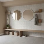 Elegant beige textured wall tiles with a subtle pattern, perfect for creating a calm and sophisticated bathroom ambiance.