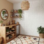 Beige textured tiles with a matte finish, complemented by natural wood furniture and green plants for a cozy, bohemian look.