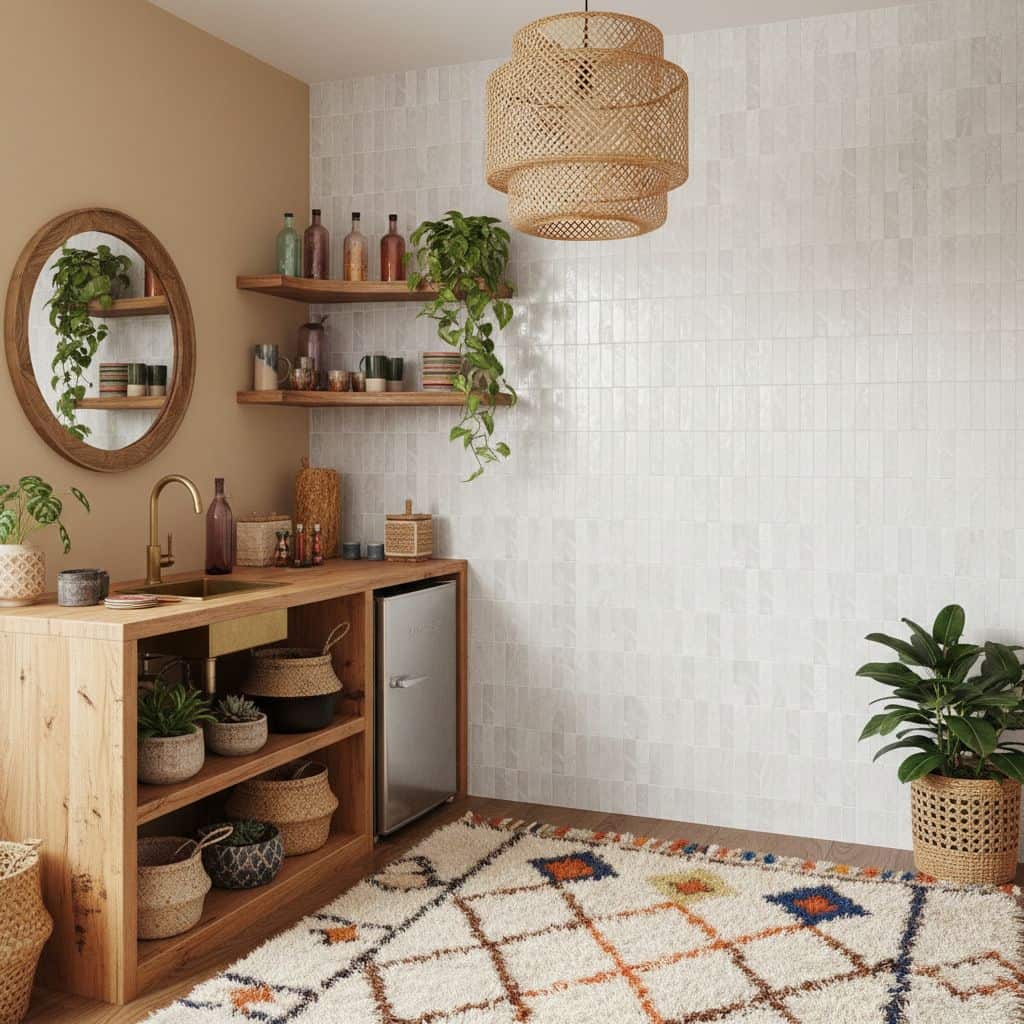 Beige textured tiles with a matte finish, complemented by natural wood furniture and green plants for a cozy, bohemian look.