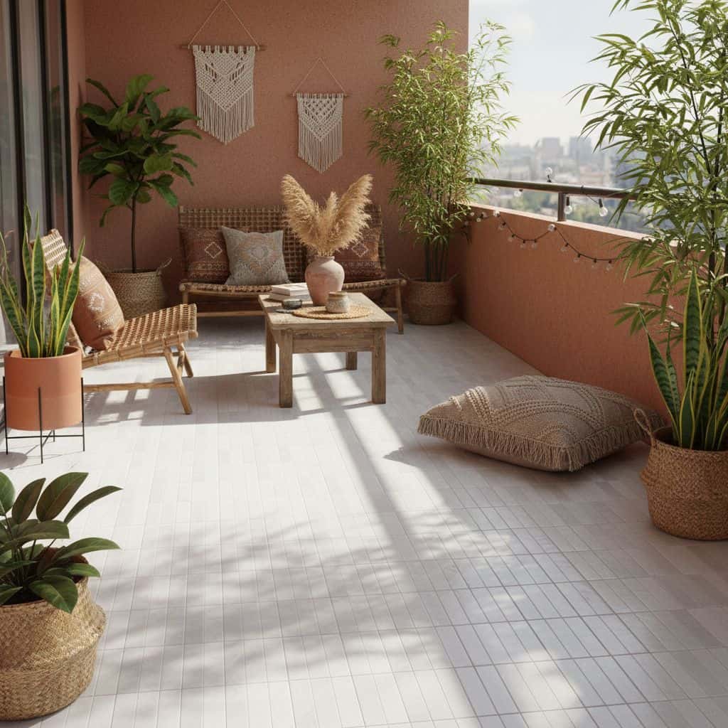 Bright balcony with light gray textured tile flooring, lush green plants, and cozy seating area with cushions.